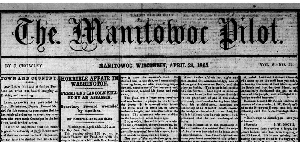 Historic newspaper with headline "Horrible Affair in Washington. President Lincoln Killed by Assassin"