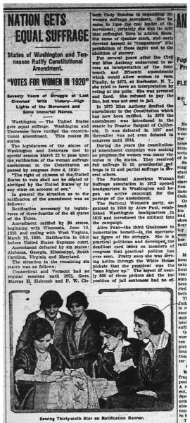 Newspaper clipping with article on women's suffrage