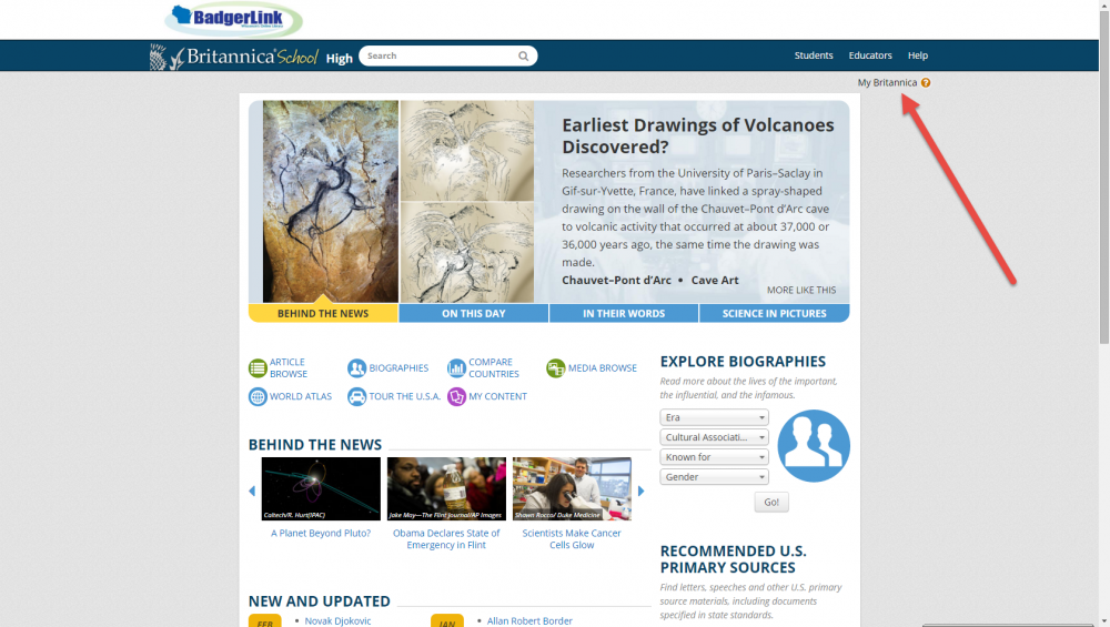 screenshot of Britannica School homepage