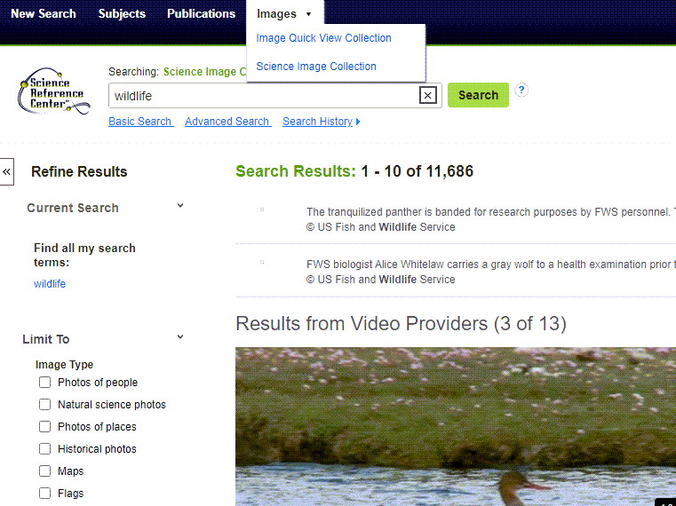 Screenshot of Science Reference Center home page with Image Collection options displayed