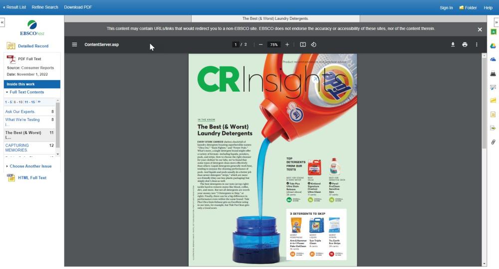 Screenshot of PDF viewer of Consumer Reports article in MasterFILE Complete