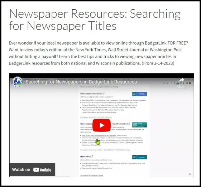 Screenshot of Searching for Newspapers training page