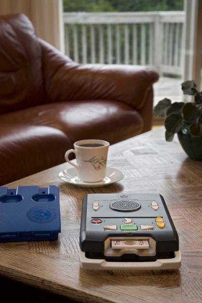 The equipment provided by WTBBL is easy to use at home. This picture shows the playback machine on a coffee table with an inviting cup of coffee.