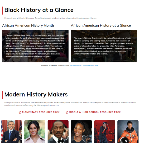 Screenshot of At a Glance and Modern History Makers sections of Britannica Education's Black History Resources page