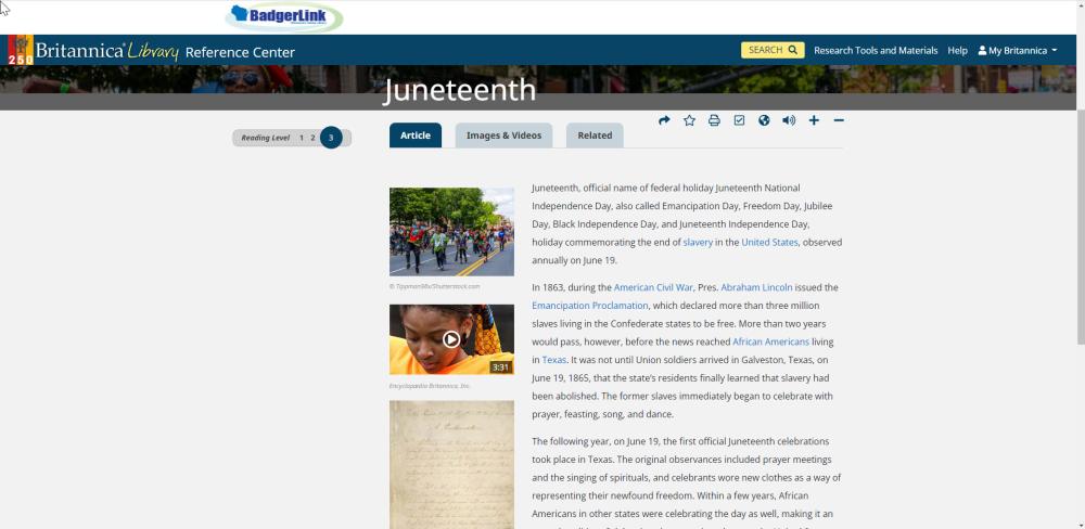 Screenshot of Britannica Library's Juneteenth page