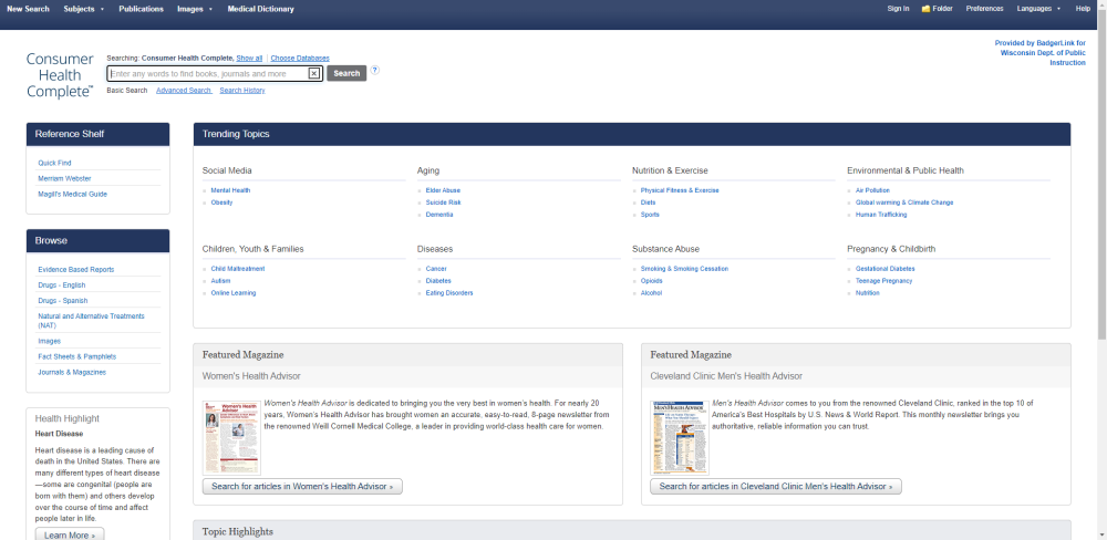 Screenshot of home page of Consumer Health Complete