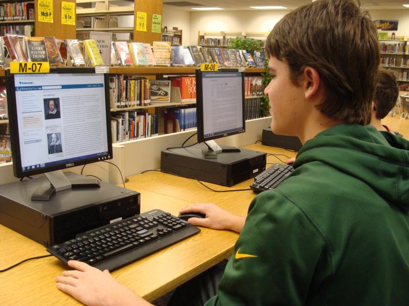 Two students doing research on computers in the library