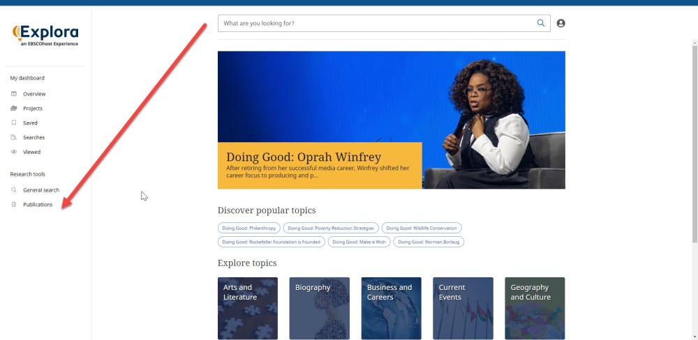 Explora for Everyone Homepage with arrow to Publications link