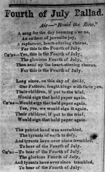 Fourth of July Ballad, 1858 article in North Western Times 