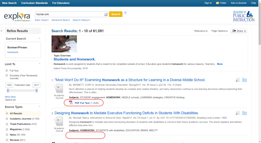 Search results in Explora for Middle & High Schools with PDF Full Text and empty space underneath another image circled