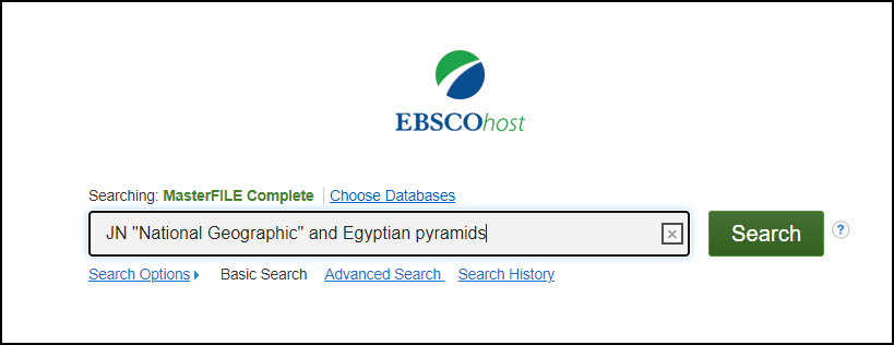 Screenshot within MasterFILE Complete with JN "National Geographic" and Egyptian pyramids in the search box