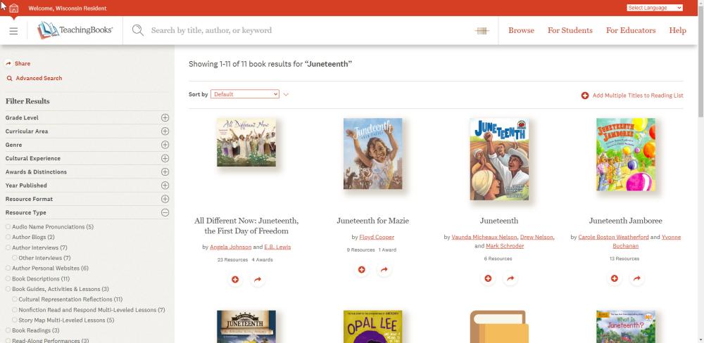 Screenshot of TeachingBooks' Juneteenth collection