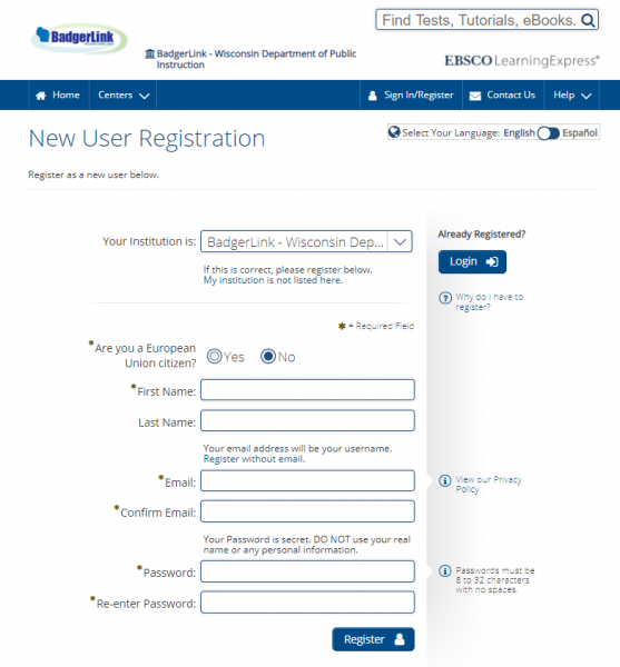 LearningExpress Library registration page