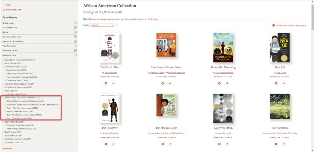 Screenshot of the African American Collection in TeachingBooks resource with Book Guides, Activities, and Lessons highlighted in red