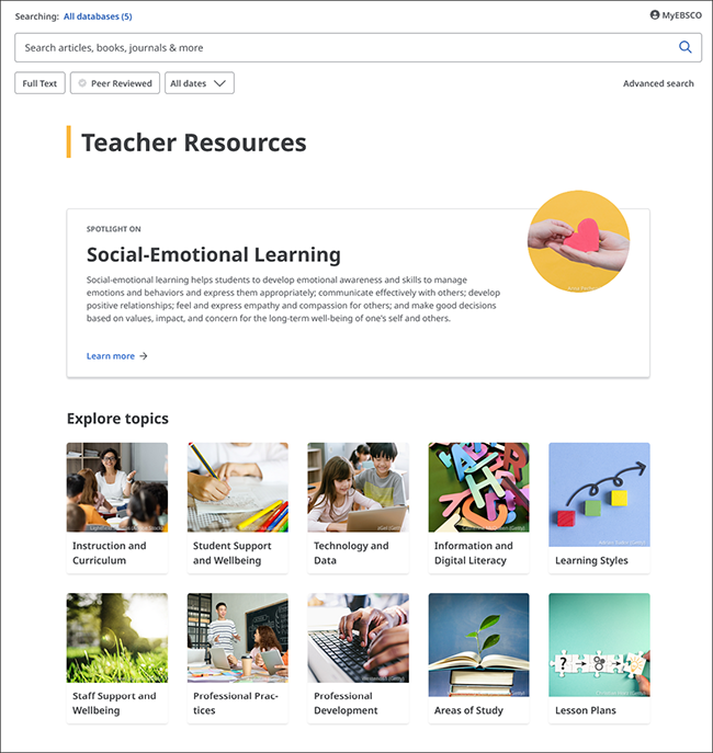 Main search page of EBSCO Education Resources where Social Emotional Learning is defined in the center as a highlighted topic as well as browseable topic areas of common interest to educators.