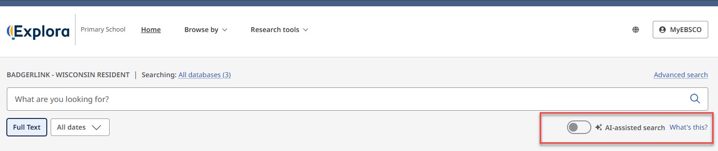 EBSCO's Explora search box with AI-Assisted Search toggle highlighted by a red box.