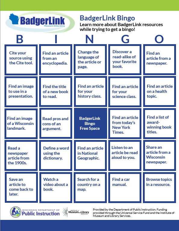 Bingo card with five columns and five rows of activities using BadgerLink resources.