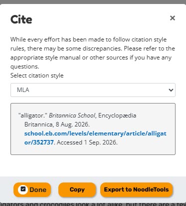 Cite tool in Britannica School with new option to Export to Noodletools.