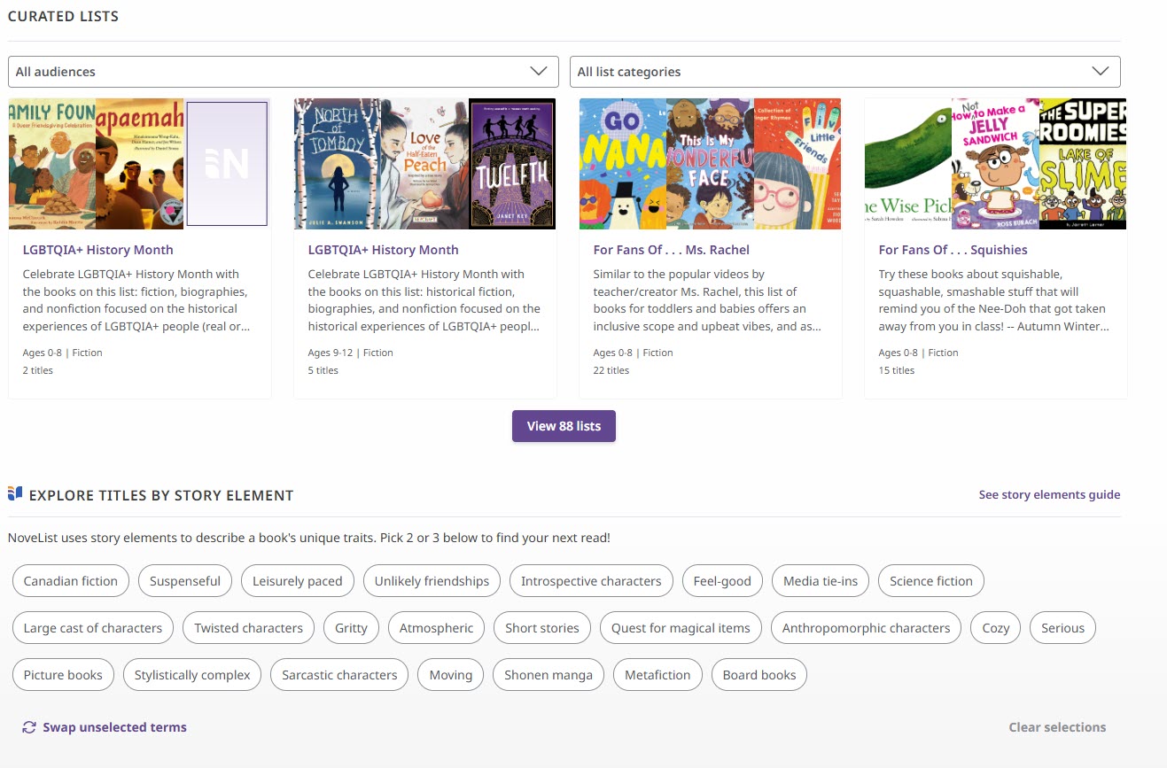 NoveList home page with Curated Lists and Story Element mix and match featured.
