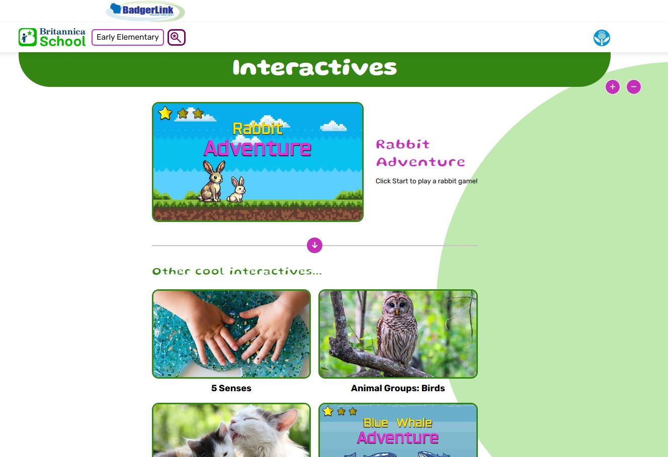 Interactives page from Britannica School Early Elementary.
