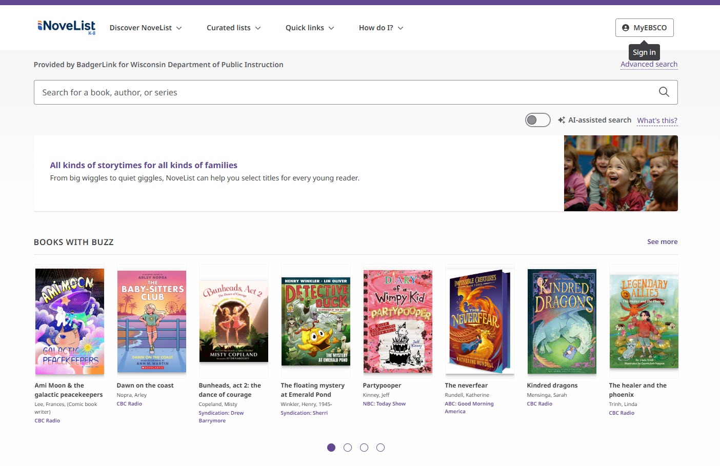 NoveList home page with main search bar and Books with Buzz featured.