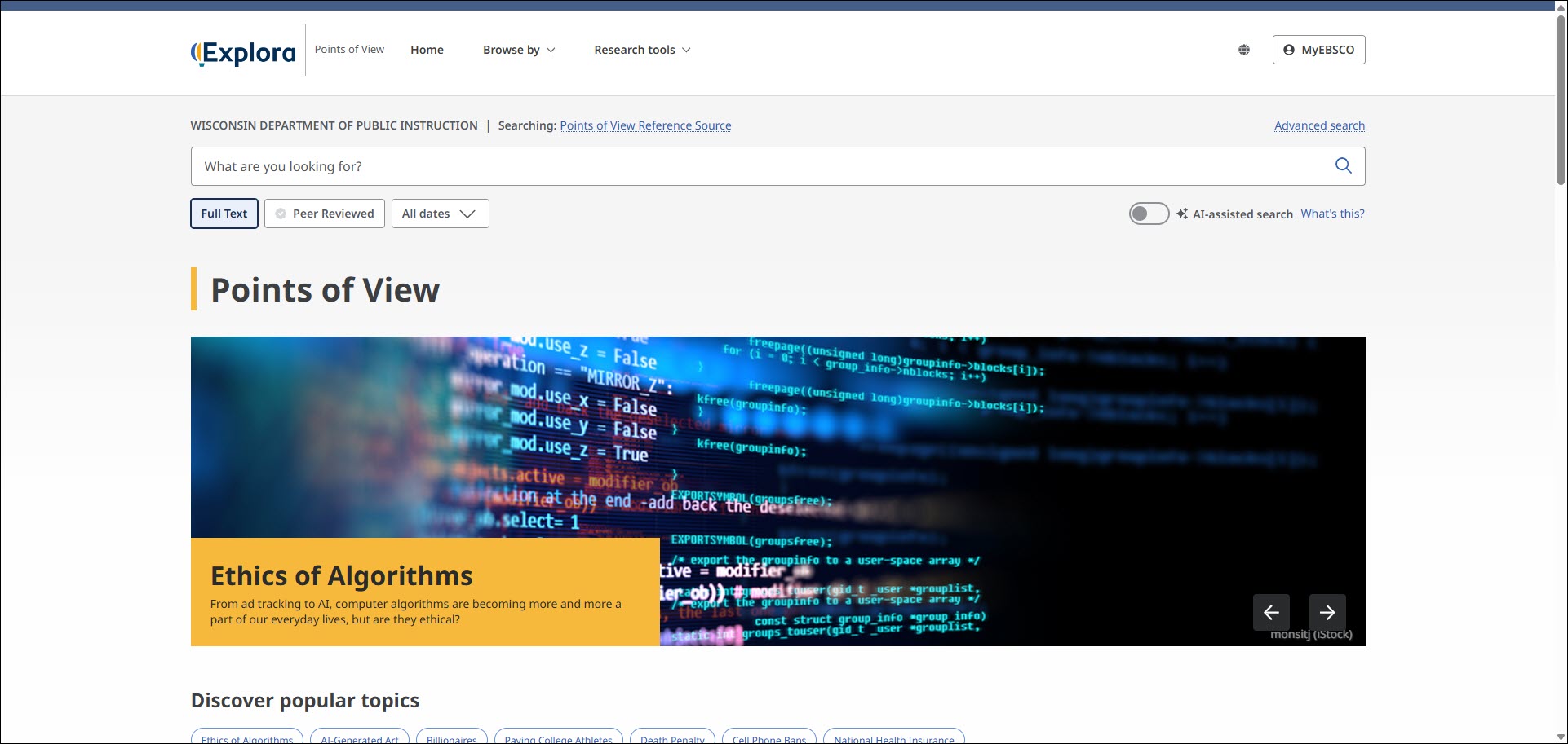 Home page of Points of View Reference Source with search box at the top and Ethics of Algorithms topic displayed. 