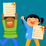 Two children holding paper with badges on them. 