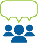 Three outlines of head and shoulders with a conversation bubble coming from the top of each person. 