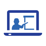 outline of open laptop with person's profile pointing to whiteboard