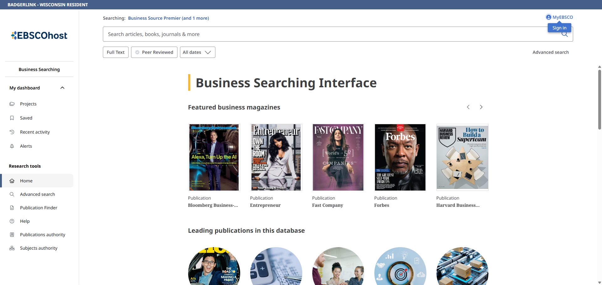 Home page of Business Source Premier showing featured business magazine covers and leading publications.