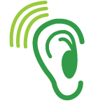 green outline of ear with light green lines above implying sound emanating from ear