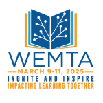 WEMTA Conference logo. An open book with a network of lines and dots branching out of the pages. Ignite and Inspire: Impacting Learning Together. 